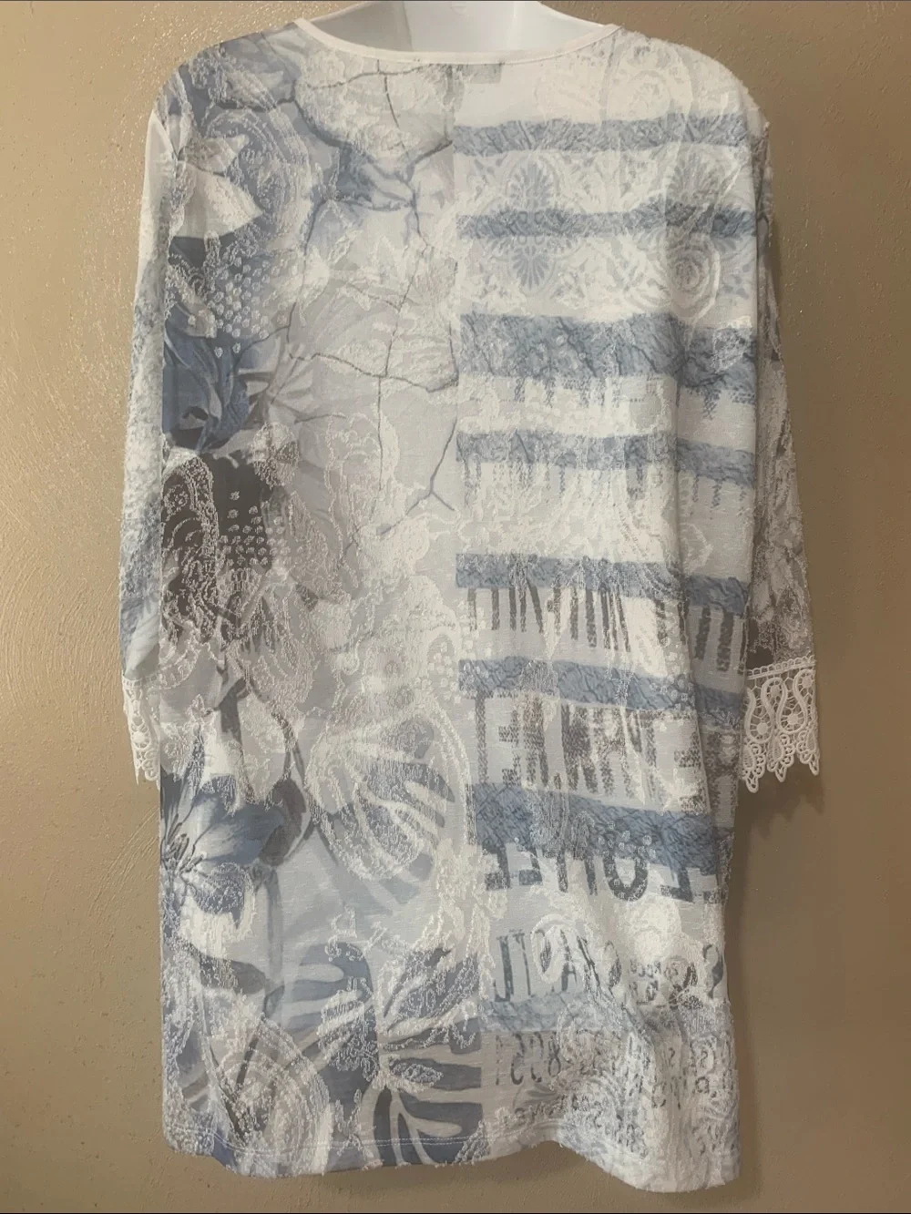Picadilly size XXL Lace-Trim Light Blue & White Printed Tunic Top